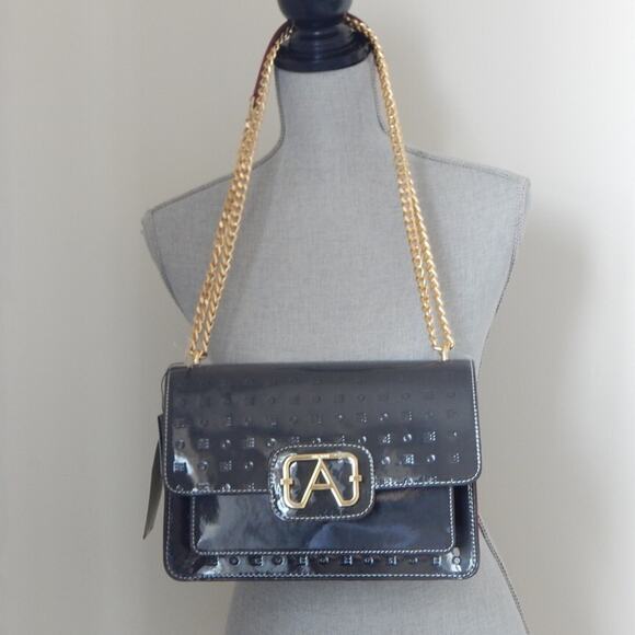 ARCADIA Genuine Patent Leather Flap Chain Crossbody Bag in Dark Grey Italy NWT - Picture 3 of 15